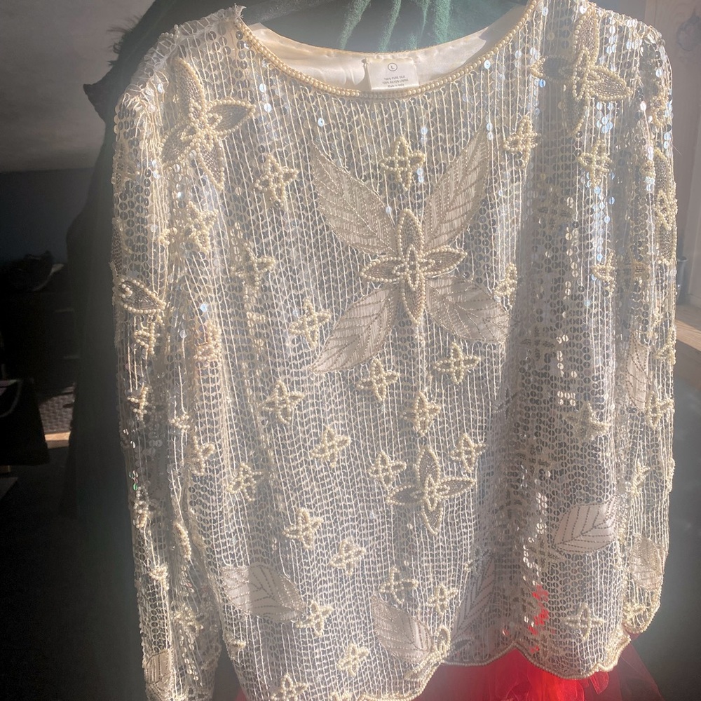 Vintage 100% silk hand beaded long sleeve shirt